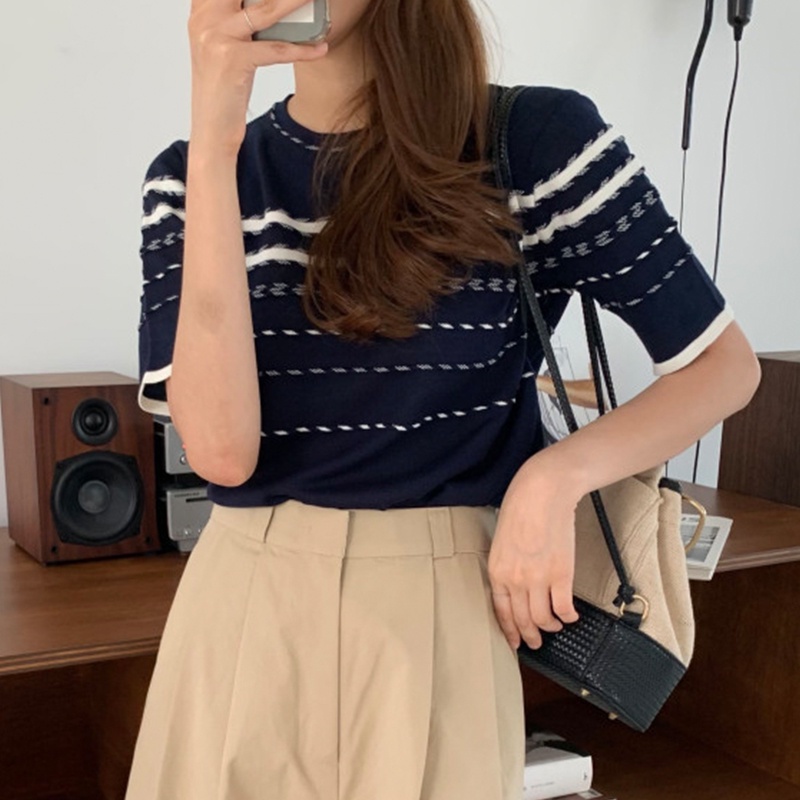 Porozi  Áo dệt kim  tay ngắn cổ tròn phong cách thời trang Hàn Quốc cho nữ