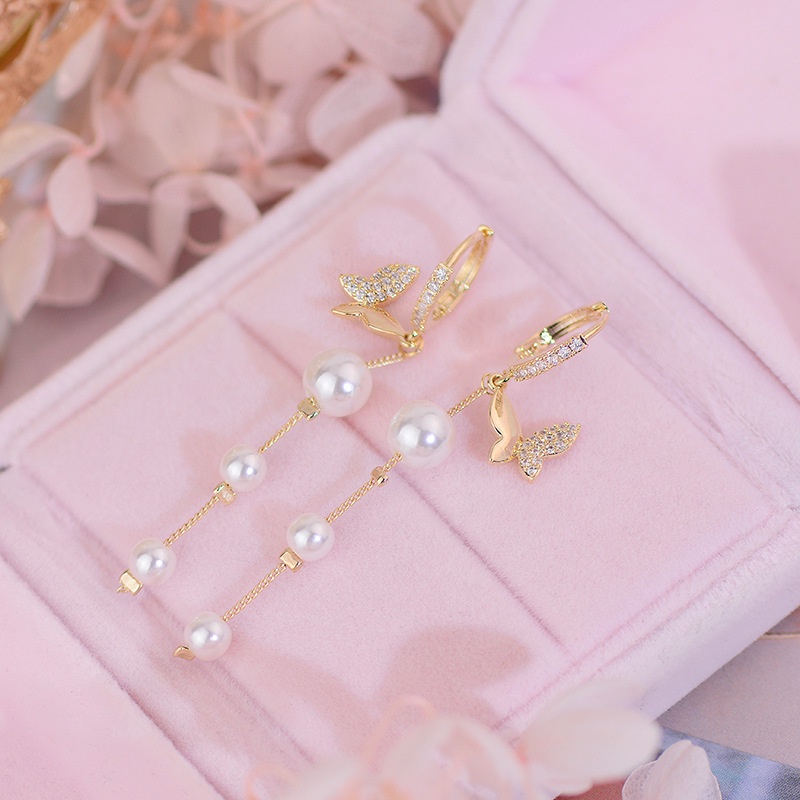 V.I.T House | Bông tai S925 bướm đá vàng hạt châu dài