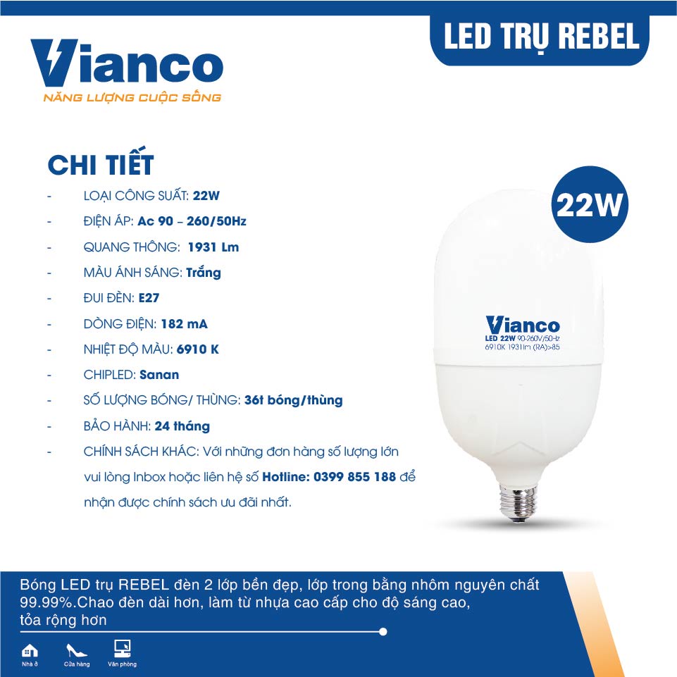 Bóng Led Trụ Rebel VIANCO Thiết Kế Mới Hiện Đại, Công Nghệ Ánh Sáng Thông Minh Bảo Vệ Thị Lực, Công Suất Nhỏ