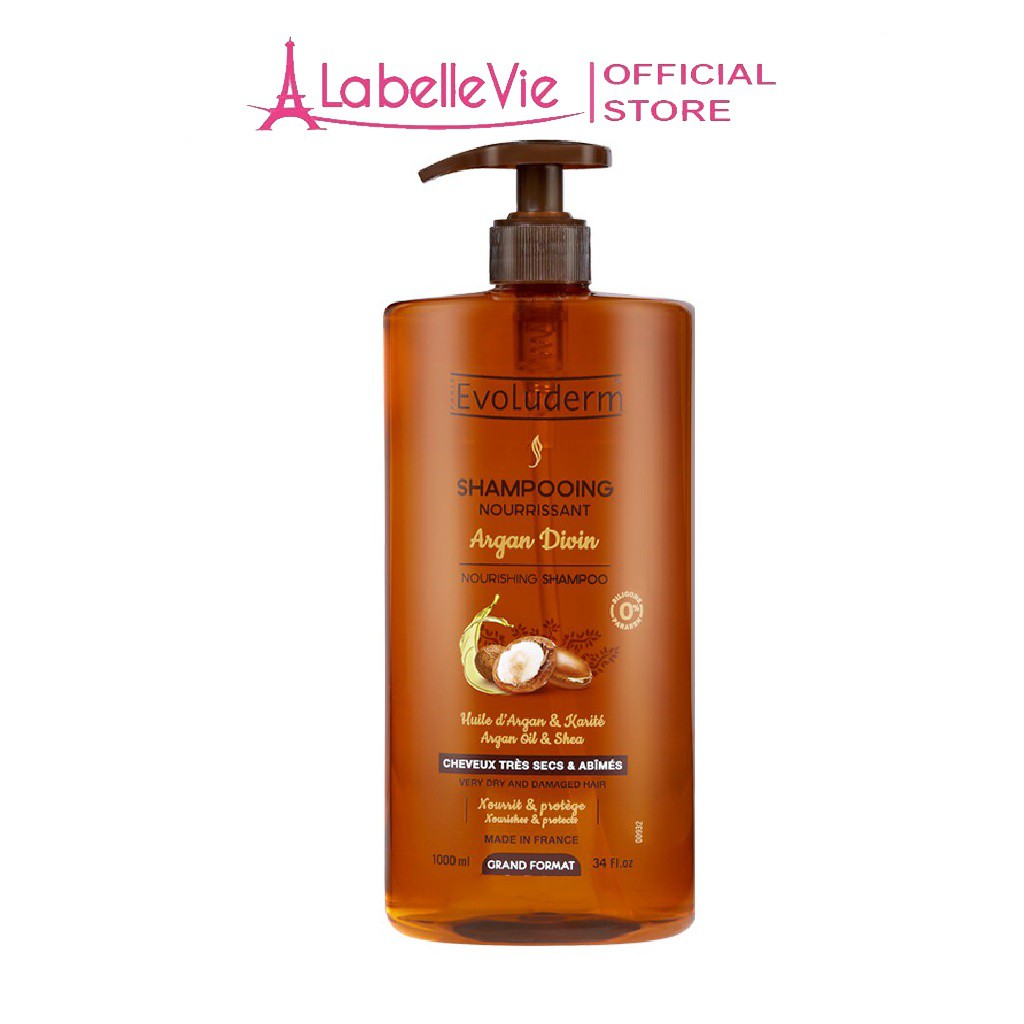 Dầu gội Evoluderm Shampoing Nourrissant Argan Divin dành cho tóc rất khô và bị hư tổn 1000ml (15269)