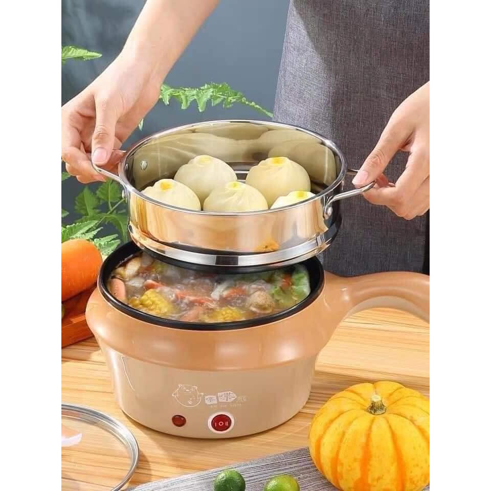 Nồi Lẩu Điện Đa Năng Kèm Giá Hấp Có Tay Cầm Tiện Dụng 18cm, Nồi Lẩu Hấp Mini 2 Tầng Cao Cấp