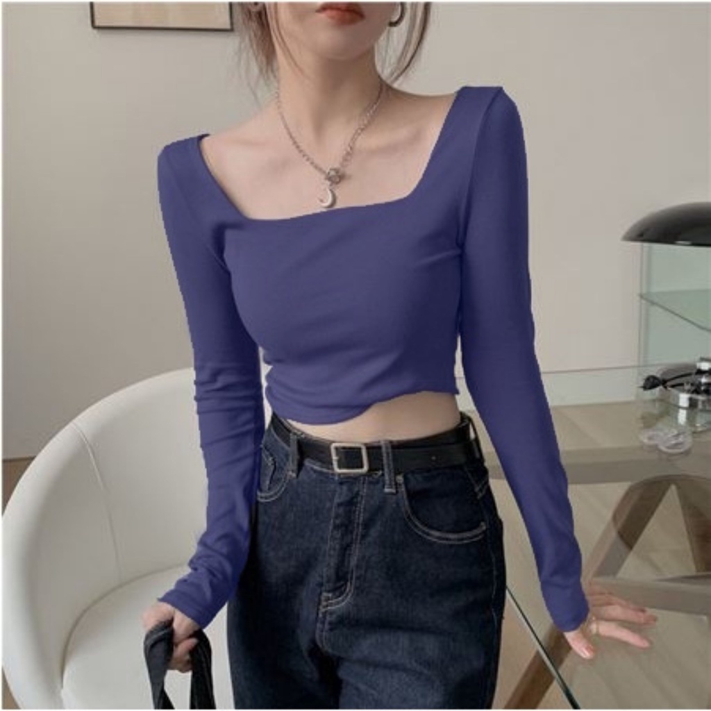 Áo thun croptop nữ cổ vuông tay dài ôm body 100% Cotton, áo croptop dài tay nữ cổ vuông nhiều màu-ACTDT01