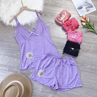 Set đồ bộ nữ đẹp, đồ bộ nữ ngủ, đồ bộ nữ mặc nhà, áo 2 dây quần thun ngắn thêu hoa cúc  viền ren siêu xinh (ảnh thật)