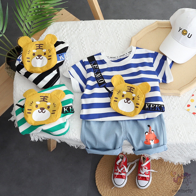 Set Áo Thun Tay Ngắn Sọc Ngang &amp; Quần Short Denim Thời Trang Cho Bé Trai