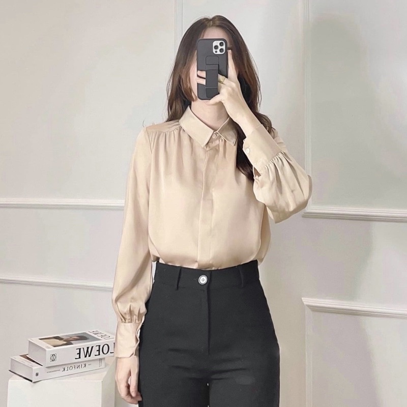 áo sơ mi lụa trắng dài tay công sở cổ đức from suông dễ mặc, chất liệu lụa mềm mịn không nhăn nhàu mặc đi làm đi chơiA17