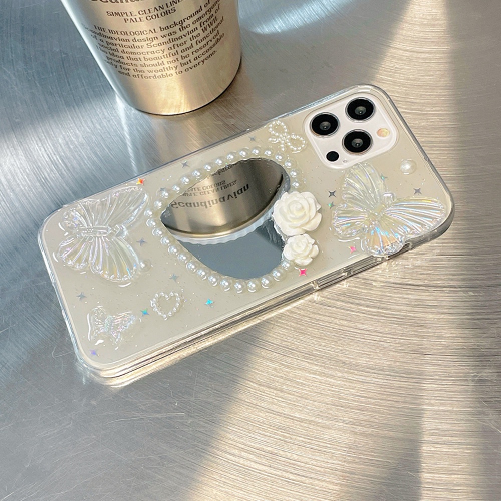 Ốp Điện Thoại TPU Mềm Tích Hợp Gương Trang Điểm Hình Hoa Và Bướm Dành Cho IPhone 14 13 12 11 Pro Max XS XR 8 7 Plus