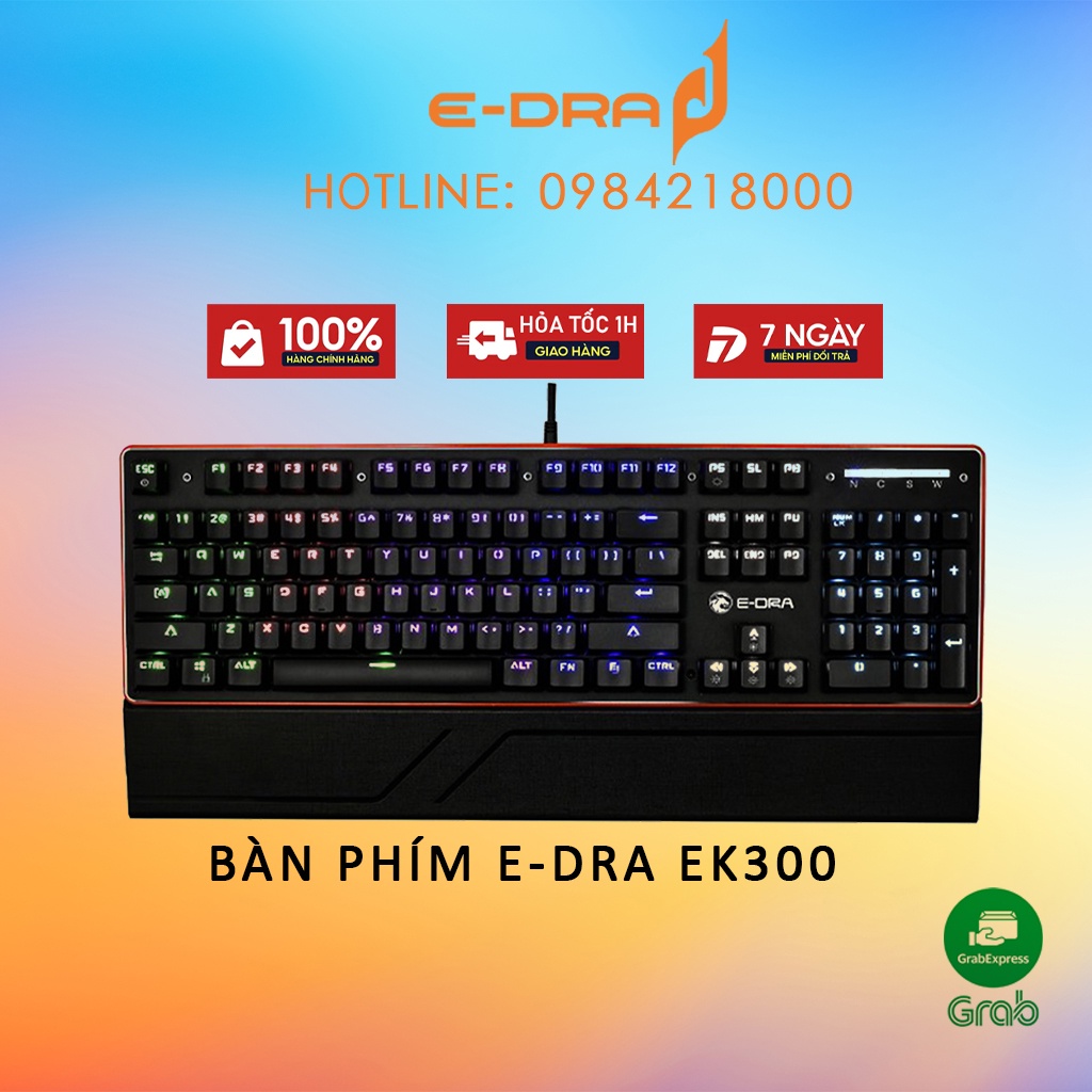 Bàn phím cơ Gaming E-DRA EK300 - - Blue switch - Chống nước tuyệt đối  - Có kê tay - Led 7 màu - BH 24 tháng