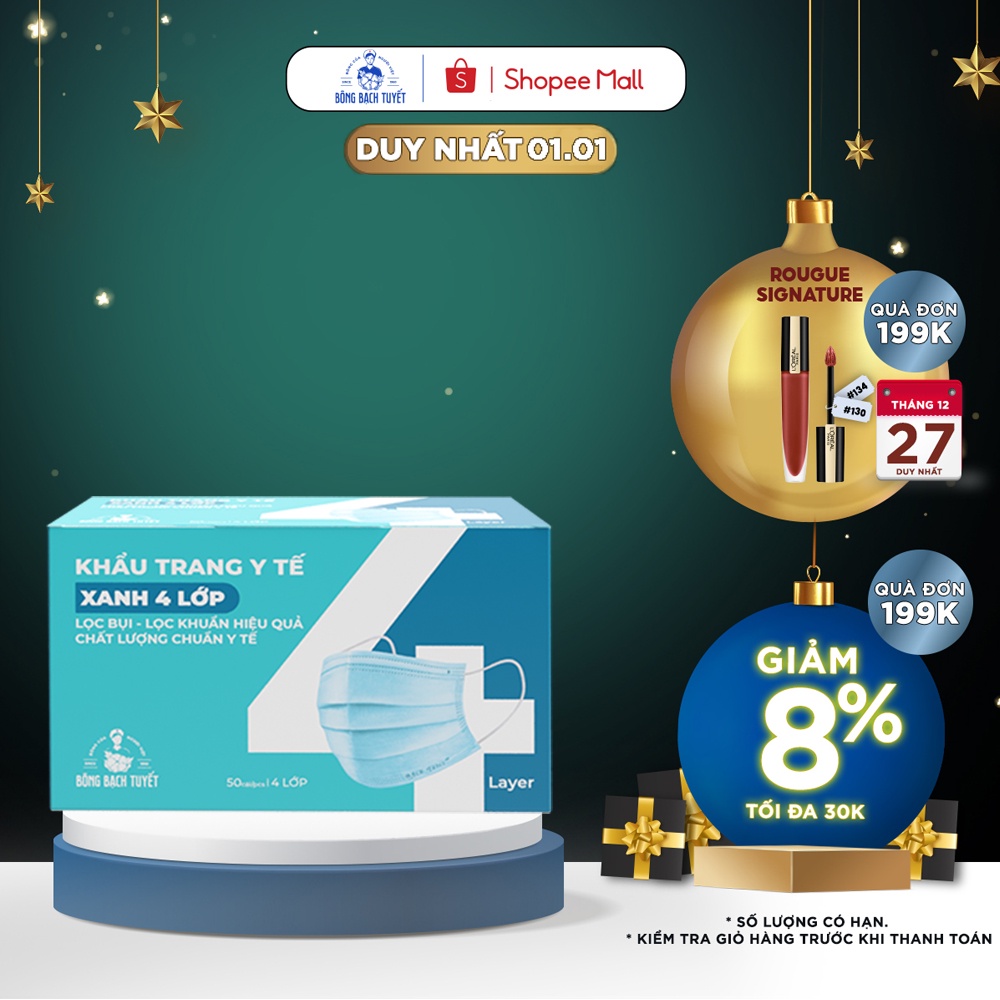 [Mã FMCGMALL giảm 8% tối đa 80K đơn 250K] Khẩu trang Bông Bạch Tuyết 4 lớp xanh (50 cái/hộp) | BigBuy360 - bigbuy360.vn