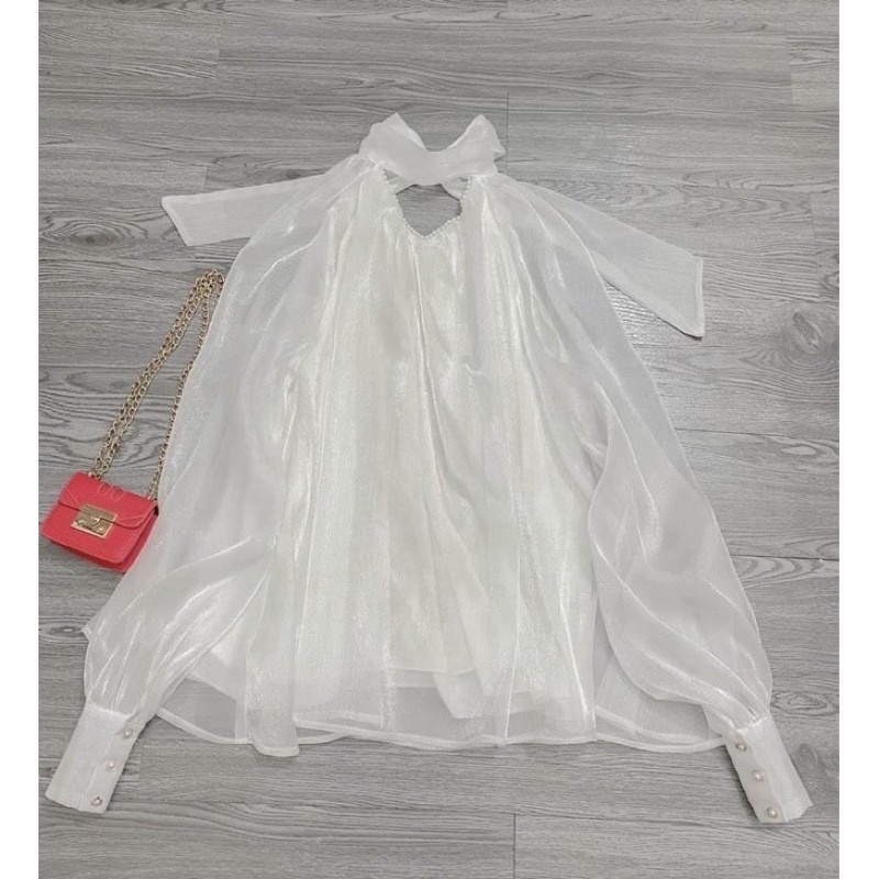 Áo tơ bèo tiểu thư 2 lớp form rộng bo cúc cổ tay chuỗi ngọc bigsize