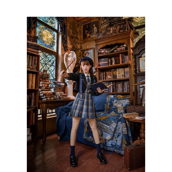 YAS0783-Áo vest phối chain + chân váy kẻ caro Jk