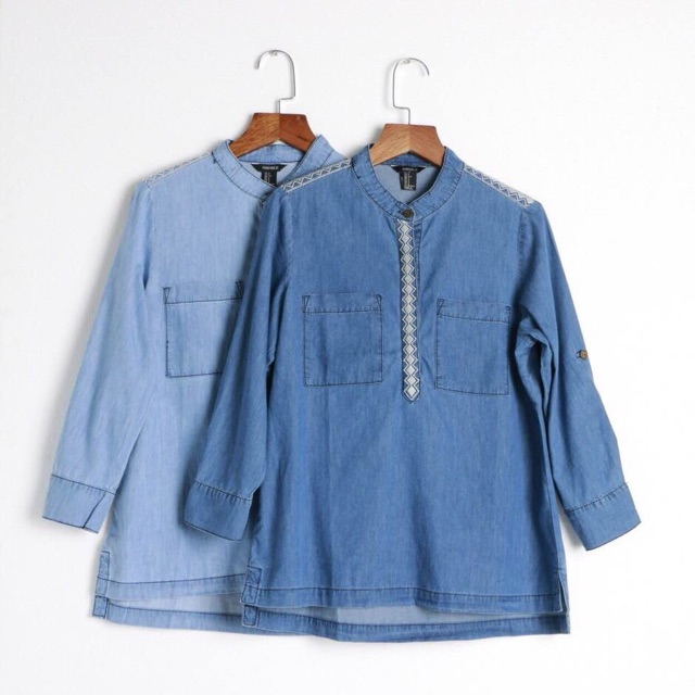 Áo sơmi cổ trụ dáng suông thêu hoạ tiết dư xịn