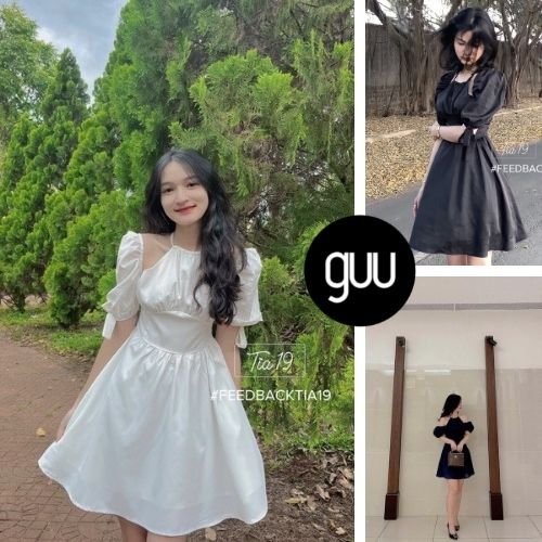 Váy cổ yếm hở vai tay bồng buộc nơ GUU chất vải đũi mềm dáng xòe tiểu thư sang chảnh phong cách Ulzzang