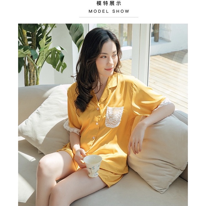 Bộ Pijama lụa Latin pháp nữ cộc tay quần đùi hàng cao cấp