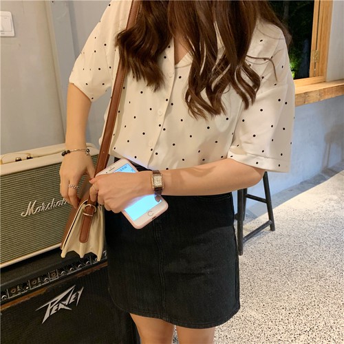 Áo sơ mi họa tiết chấm bi trẻ trung dễ thương dành cho nữ