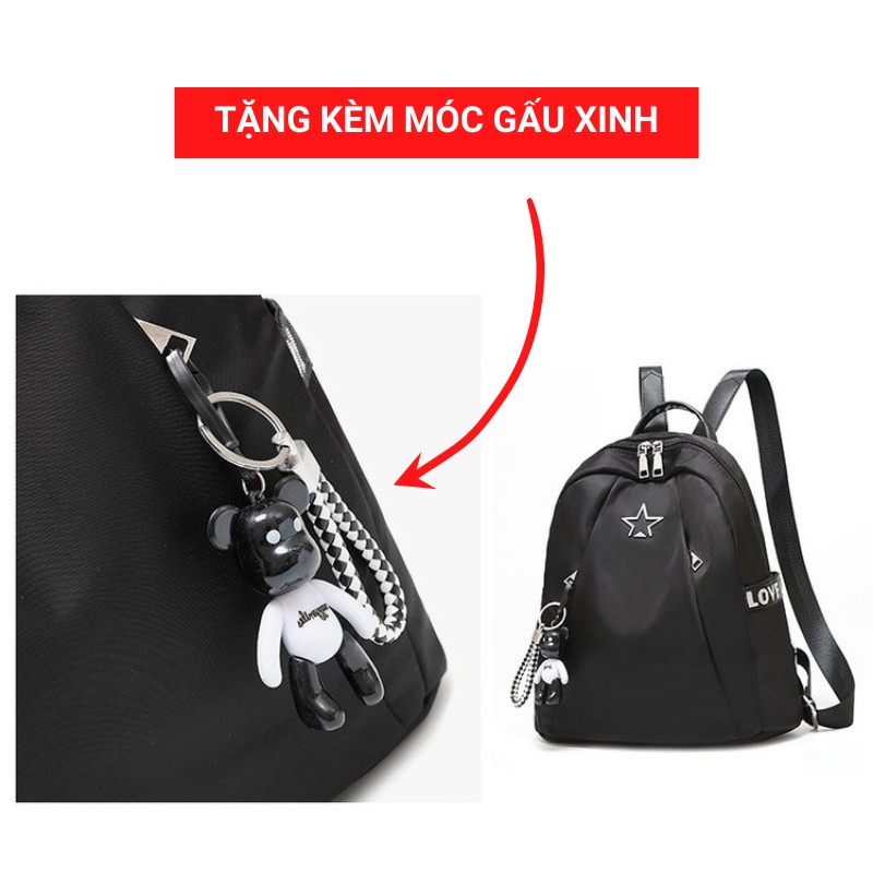 Balo nữ vải dù chống thấm tốt có lỗ luồn tai nghe, túi mini thời trang tặng móc gấu