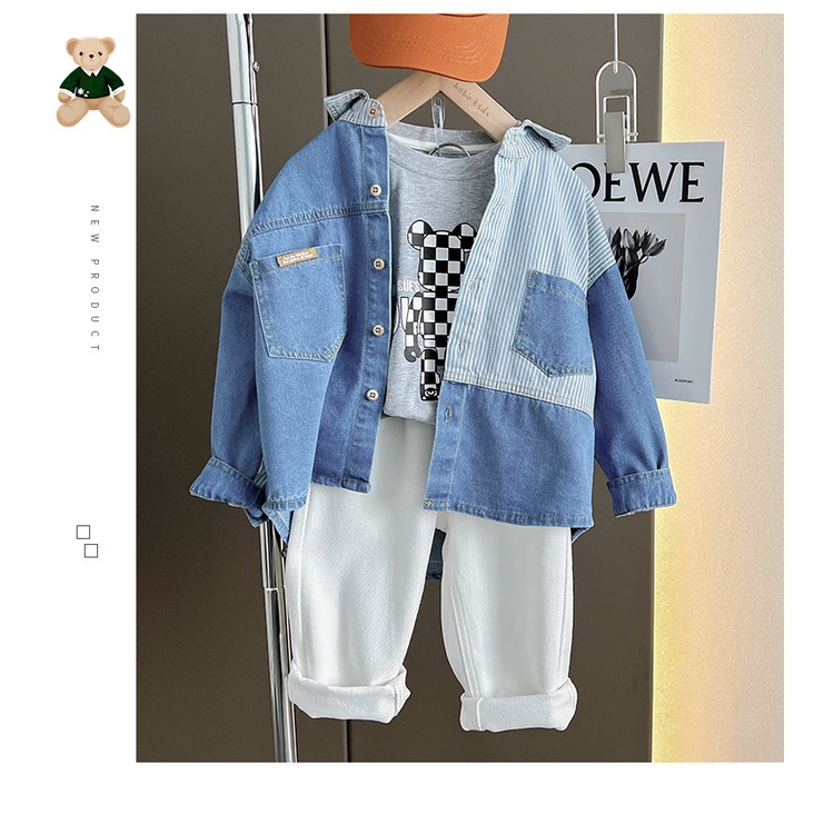 Áo Sơ Mi Denim Mỏng Mềm Phối Màu Tương Phản Cá Tính Cho Bé Trai 6 Tuổi