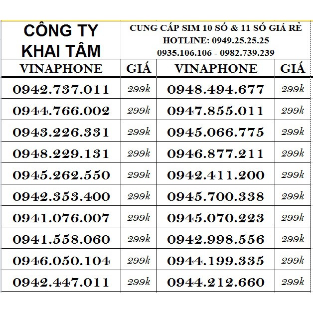 SIM VINAPHONE 10 SỐ CẶP GÁNH 11