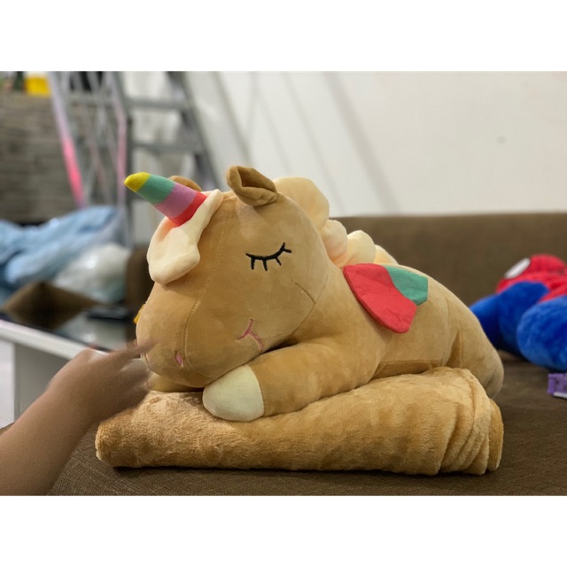 Gấu Bông Có Mền - Chăn Gối Văn Phòng 3in1 Ngựa Pony Màu Nâu