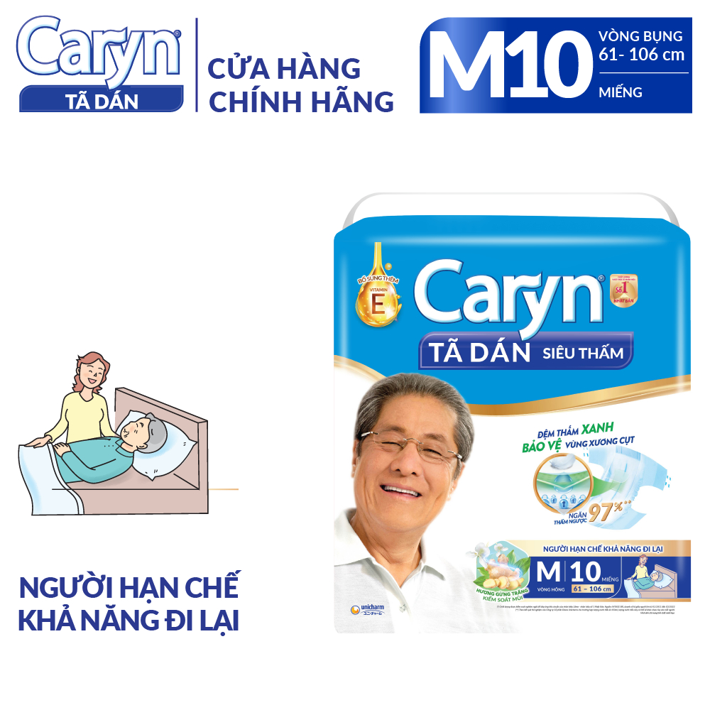 Tã/Bỉm dán người lớn siêu thấm Caryn dành cho người hạn chế khả năng đi lại Size M (10/20/40pcs)