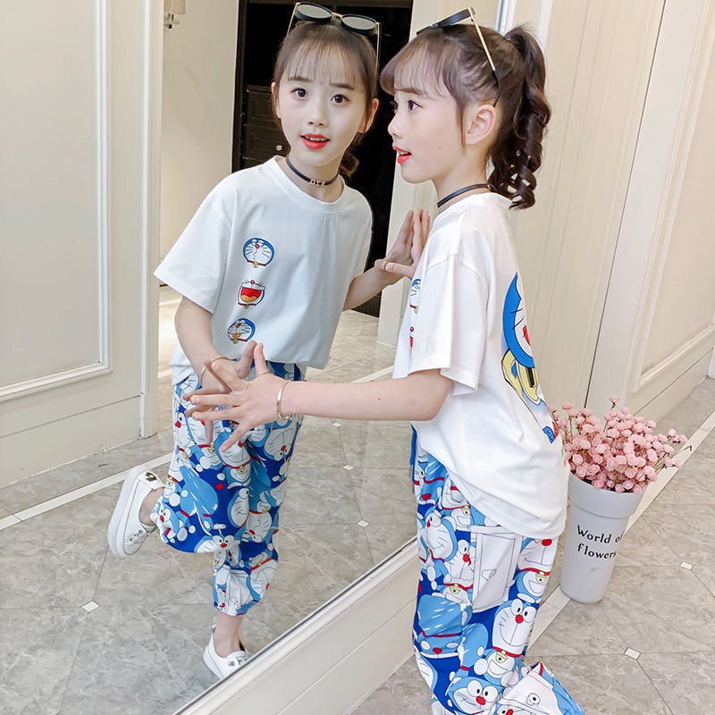 Set áo thun cộc tay & quần lụa dài hoạ tiết Doraemon cho bé trai & bé gái  N01099