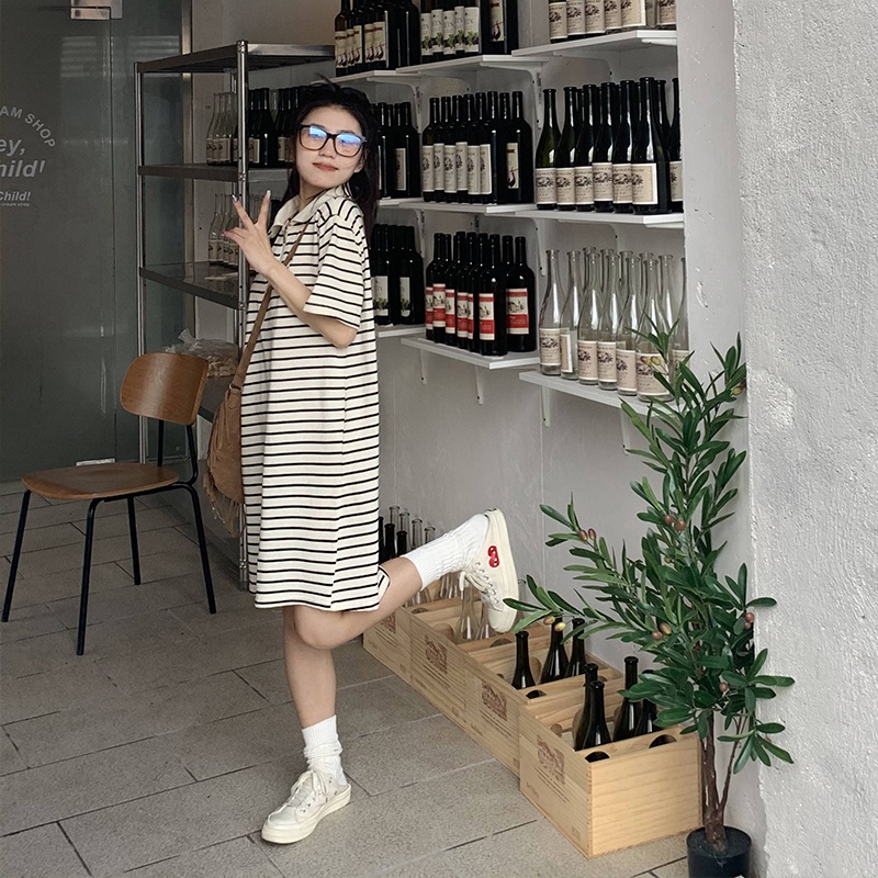 Đầm polo ZHELIHANGFEI dệt kim ngắn tay dáng rộng kẻ sọc cá tính thời trang