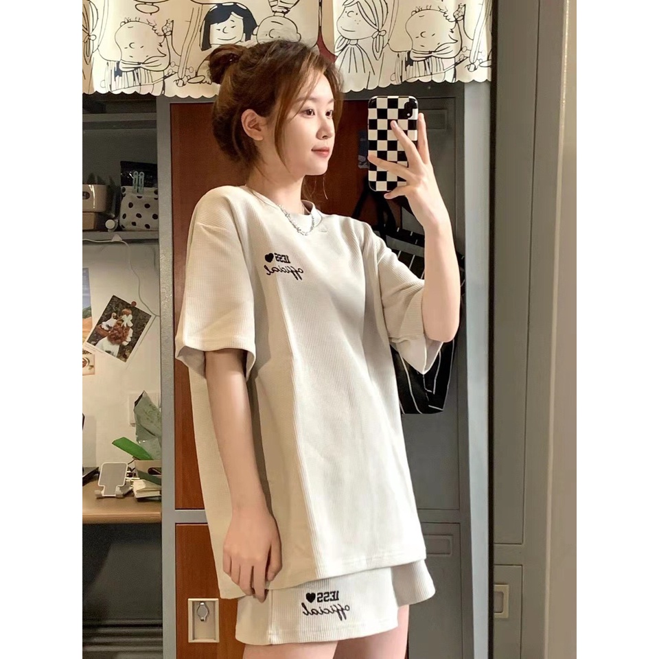 Set áo phông LESS mix quần short chất tổ ong / Bộ đồ thiết kế tay lỡ form rộng phối với quần đùi trẻ trung Nanashop