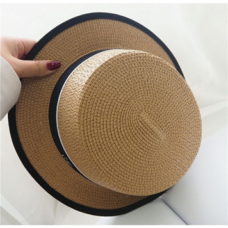 Nón nữ đi biển đẹp mũ cói vành nhỏ đai đen trắng viền đen panama Lh0917399527