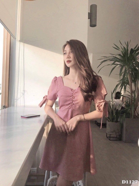 [Mã SKAMSALEP6 giảm 10% tối đa 100K đơn 150K] ĐẦM CARO HỒNG NÚT NGỰC TRẺ TRUNG ( KÈM ẢNH THẬT) | BigBuy360 - bigbuy360.vn