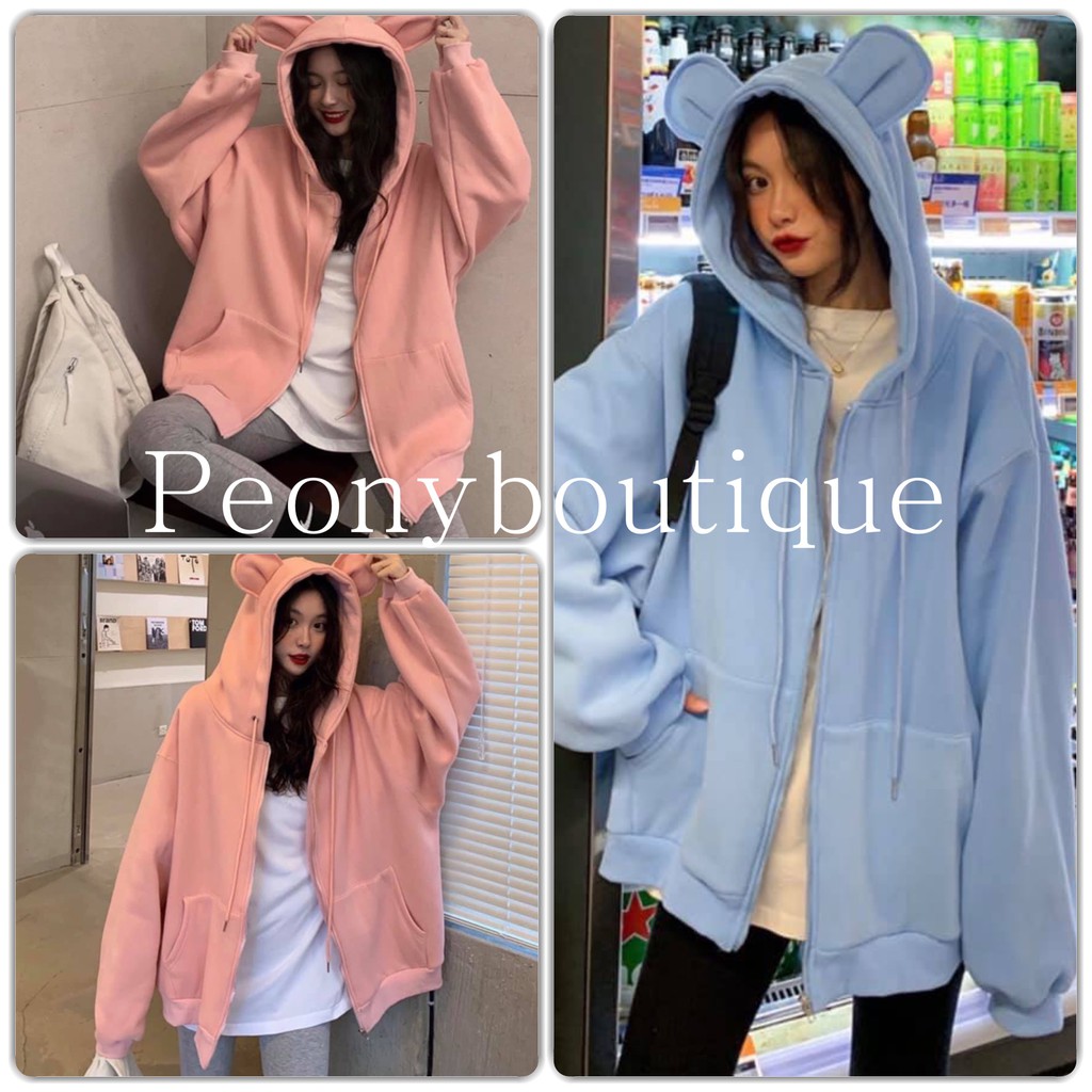 Áo Khoác Nỉ BEAREARS Nữ [FREESHIP] 🌸 Hoodie jackets mũ tai gấu khóa zip cute dễ thương màu XANH | HỒNG Ulzzang HOT 🌸 | WebRaoVat - webraovat.net.vn