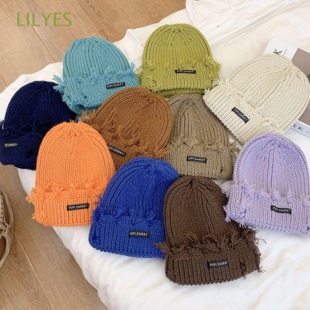 LILYES Mũ len dệt kim thiết kế rách phong cách đường phố Hàn Quốc thời trang thường ngày cho nữ