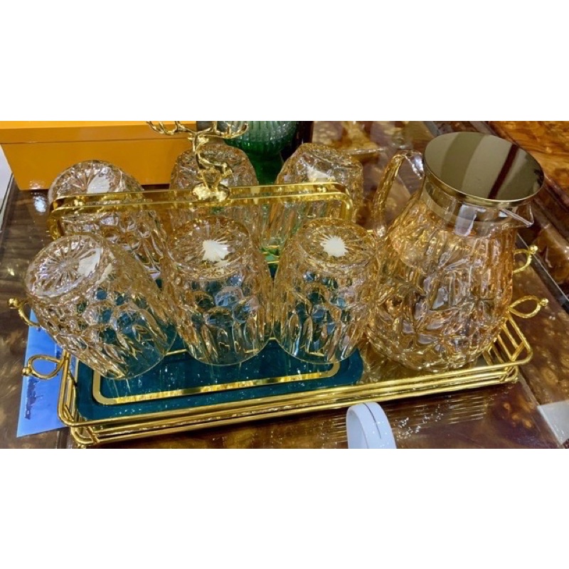 Bộ cốc thủy tinh cao cấp kèm bình nước và giá úp