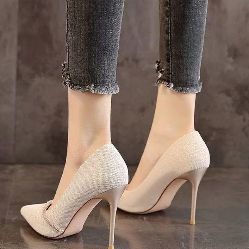 Giày cao gót mũi nhọn đính đá thời trang mùa xuân phong cách Pháp 2021 sang trọng cho nữ