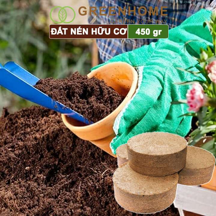Đất Nén Hữu Cơ, 450gr Greenhome, Mụn Sơ Dừa Bánh Lớn Đã Qua Xử Lý, Nở Gấp 5 Lần, Trồng Rau, Trộn Giá Thể Trồng Cây