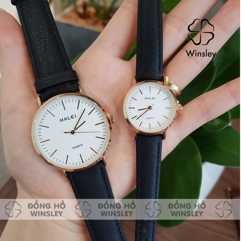 Đồng hồ cặp đôi nam nữ Halei dây da chống nước chính hãng viền mạ vàng Tony Watch 68