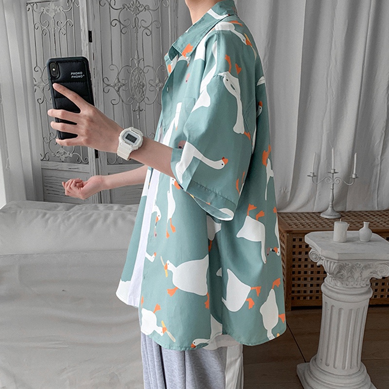 Áo Sơ Mi Tay Lửng Dáng Rộng In Hình Vịt Thời Trang Hàn Quốc Dành Cho Nam