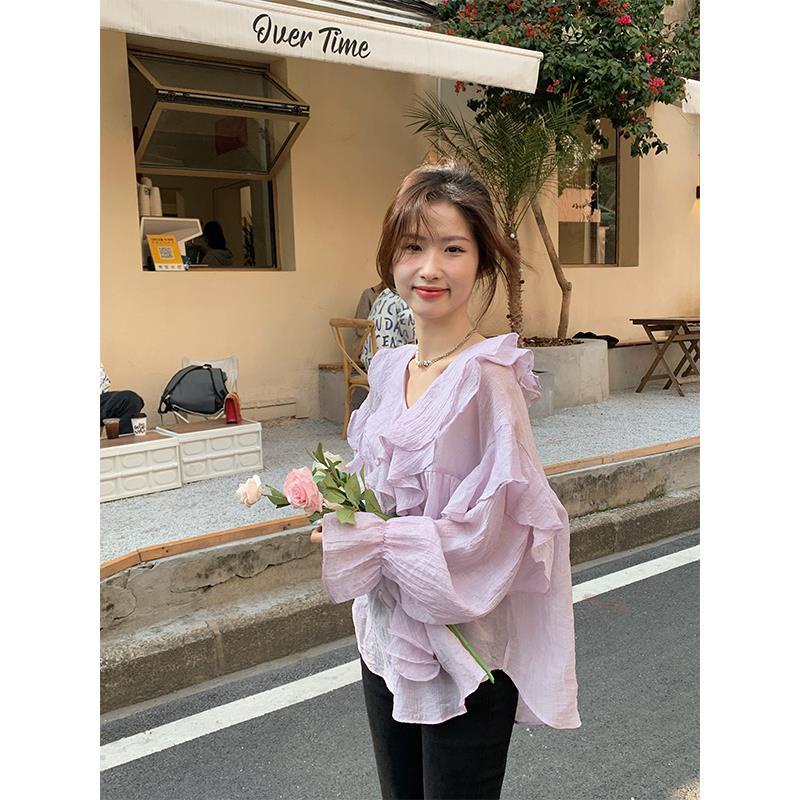 Áo Sơ Mi chiffon Tay Dài Phồng Cổ Chữ v Thời Trang Xuân Hè 2022 Mới Dành Cho Bạn Nữ