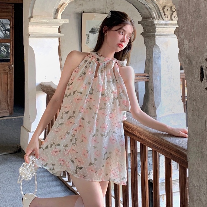 Đầm Chiffon Không Tay Cổ Yếm Dáng Rộng In Họa Tiết Hoa Thời Trang Mùa Hè Hàn Quốc Hàng Mới Quyến Rũ Cho Nữ