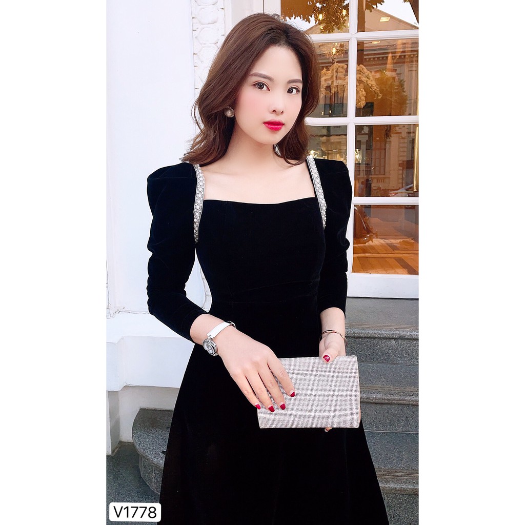 Váy nhung đen viền ngọc V1778 - Đẹp Shop DVC - Kèm ảnh thật trải sàn do shop tự chụp | BigBuy360 - bigbuy360.vn