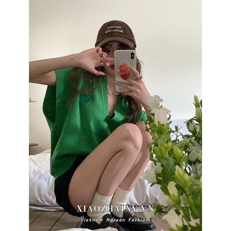 Áo dệt kim Xiaozhainv sát nách cổ chữ v thời trang cho nữ có 3 màu lựa chọn
