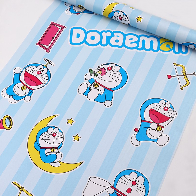 [FREE SHIP] Cuộn 10m Giấy dán tường Đô rê mon kẻ sọc - 10m Decal dán tường DORAEMON kẻ sọc có keo sẵn