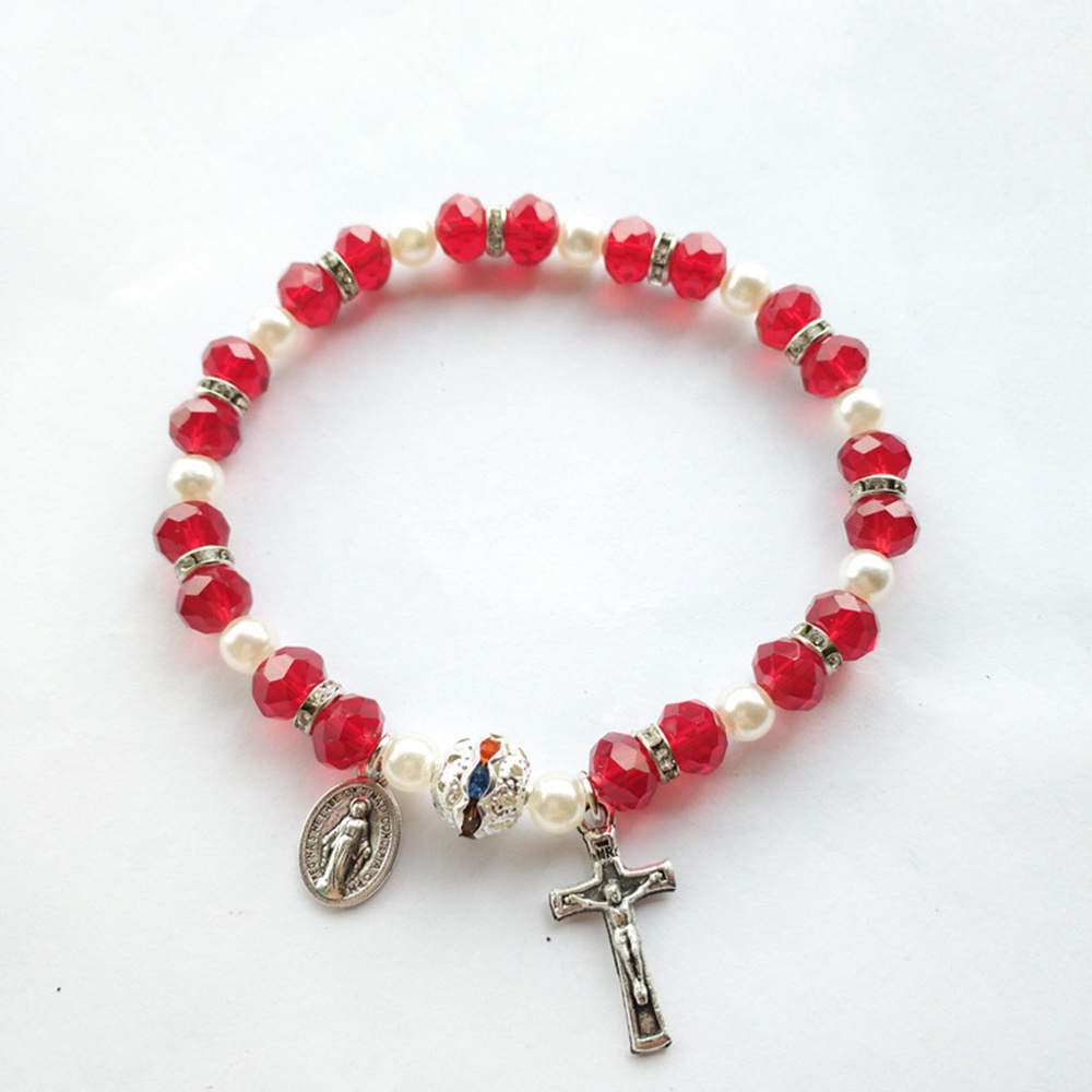 Vòng Tay Chuỗi Hạt Ngọc Trai Nhân Tạo Màu Xanh Dương Thánh Giá Đức Mẹ Mary Miraculous Medal Crucifix Charms