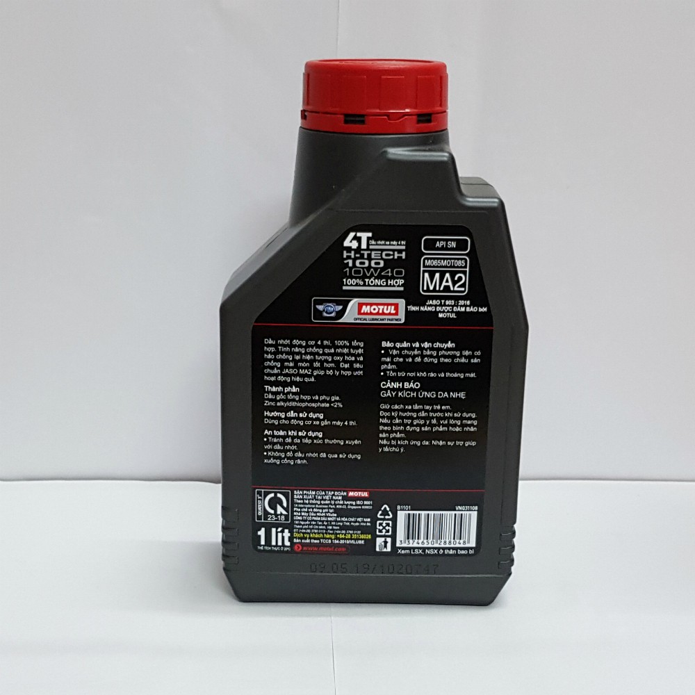 Nhớt tổng hợp 100% cho xe số côn tay Motul H-tech 10W40 1L