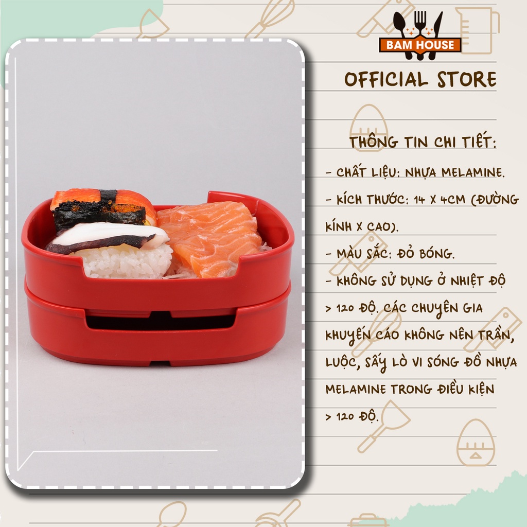 Khay nhựa sushi Bam House hình vuông chất liệu Melamine 14x14x3cm cao cấp KSV01