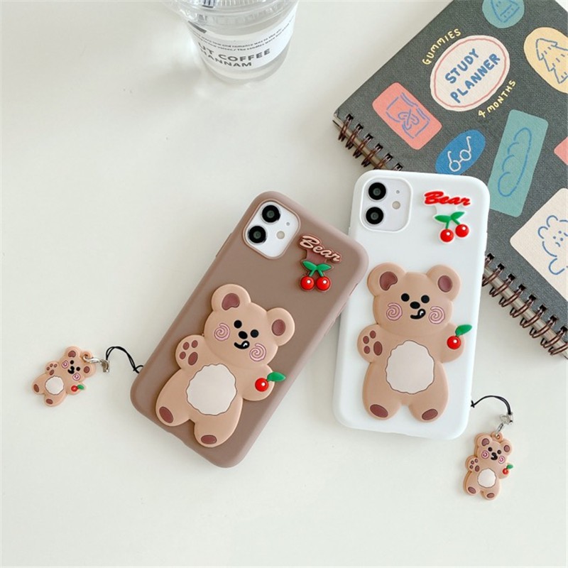 Ốp điện thoại dẻo có dây móc khóa Cartoon Bear Cherry cho Samsung Galaxy S21 S20 FE Note 20 Ultra S10 S9 Plus