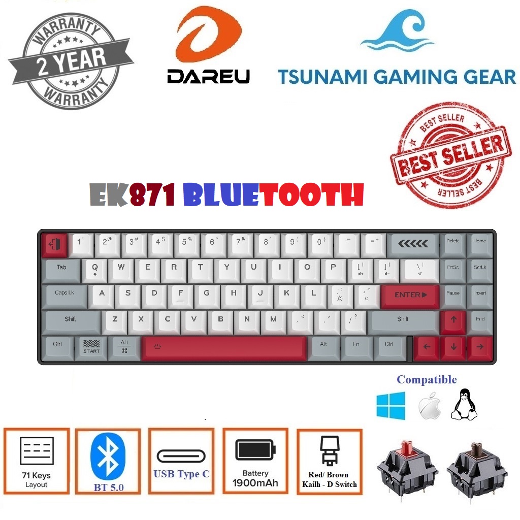 Bàn phím cơ không dây Bluetooth DAREU EK871 71KEY (GREY-WHITE, PBT, D-KAILH switch) - Hàng chính hãng