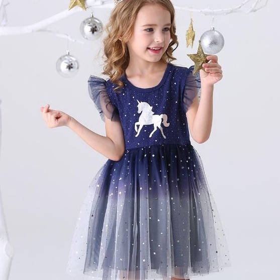 Đầm Công Chúa Chất Liệu Cotton Đính Kim Sa Lấp Lánh Thời Trang Xinh Xắn Cho Bé Gái