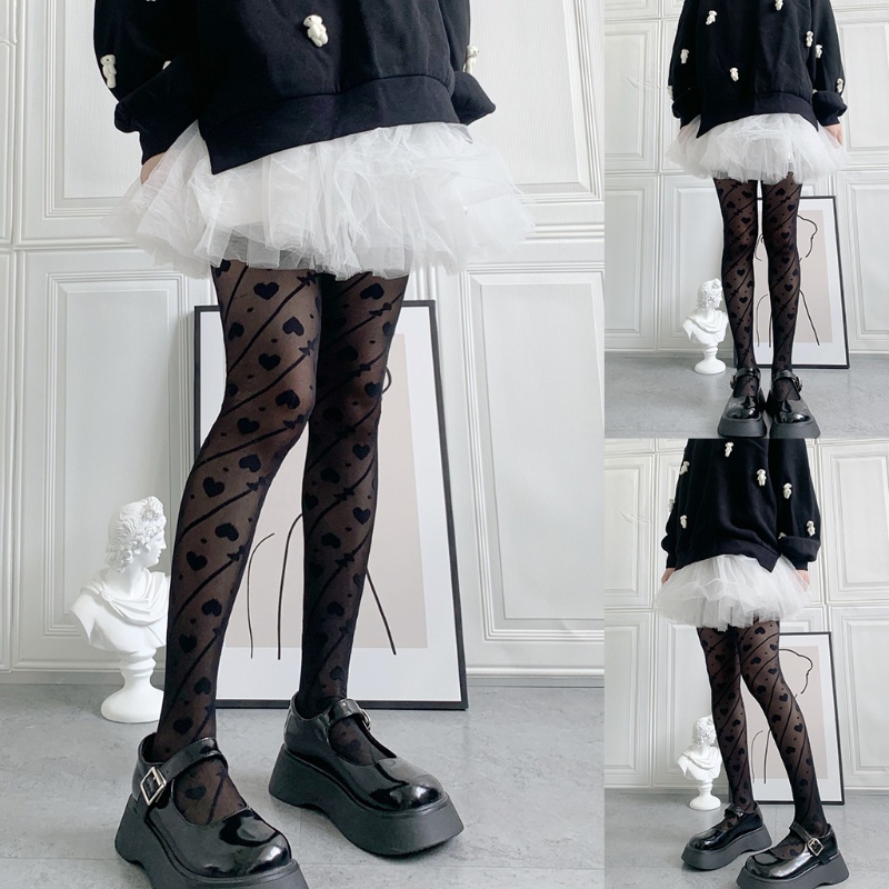 Quần Tất xiangbao Trong Suốt In Họa Tiết Trái Tim Kẻ Sọc Ngọt Ngào Phong Cách Lolita