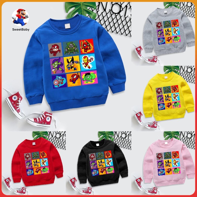 Áo sweater cotton cổ tròn in hình siêu anh hùng Marvel 7 màu cho bé 2-14 tuổi