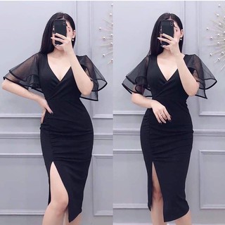 Đầm body tay lưới xẻ tà