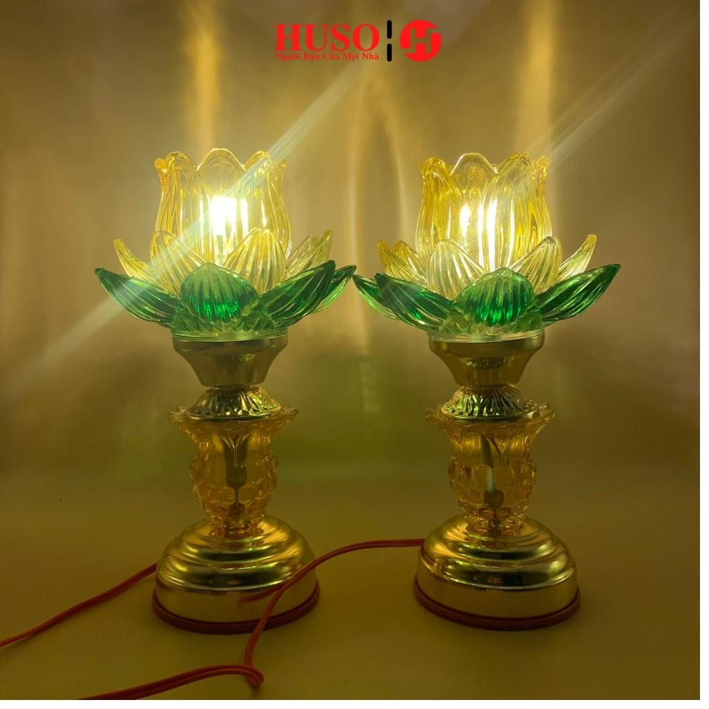 Đôi đèn thờ thủy tinh HUSO 3 lớp một cầu cao 20cm, 2 cầu 30cm
